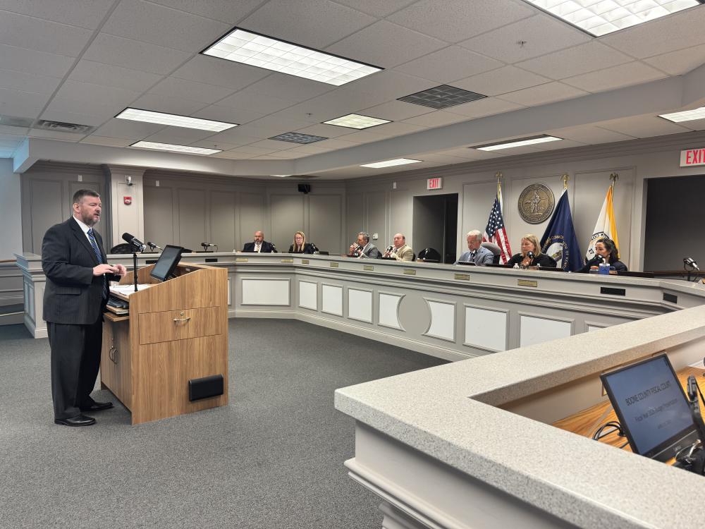 Matthew Webster, County Administrator, presents the FY26 budget to the Fiscal Court.